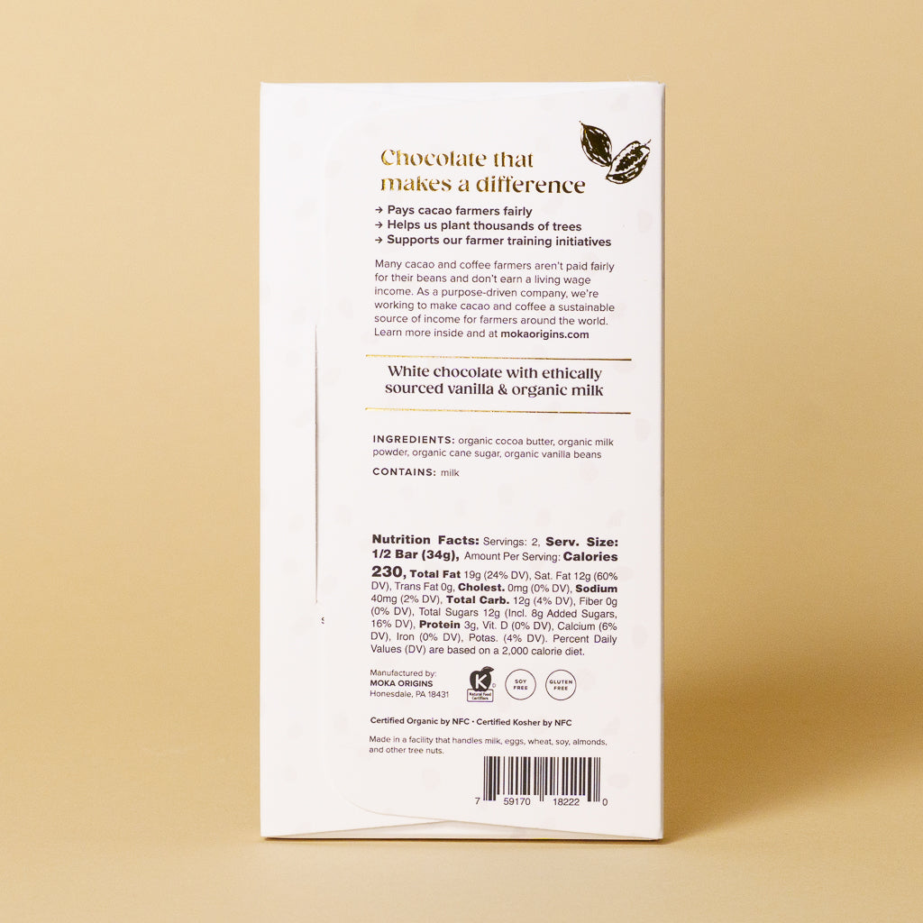 Vanilla White Chocolate bar, back of package with ingredients and nutrition facts