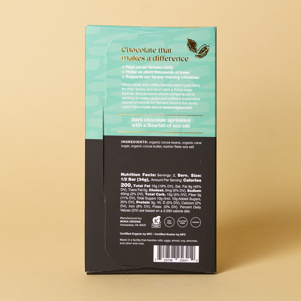 Sea Salt Dark Chocolate bar, back of package with ingredients and nutrition facts