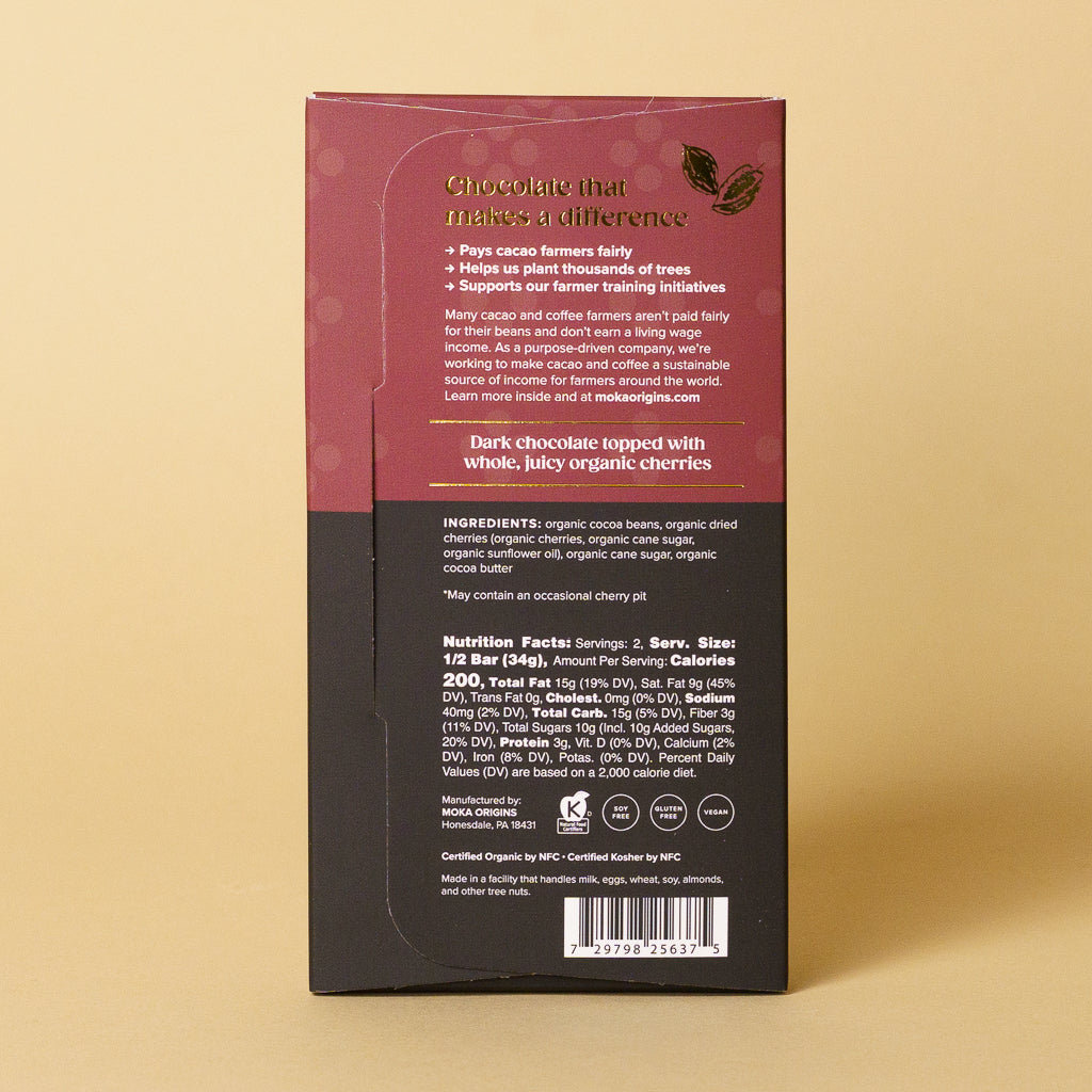 Cherry Dark Chocolate bar, back of package with ingredients and nutrition facts