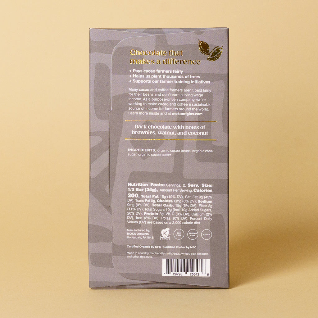 Ghana 72% Dark Chocolate bar, back of package with ingredients and nutrition facts