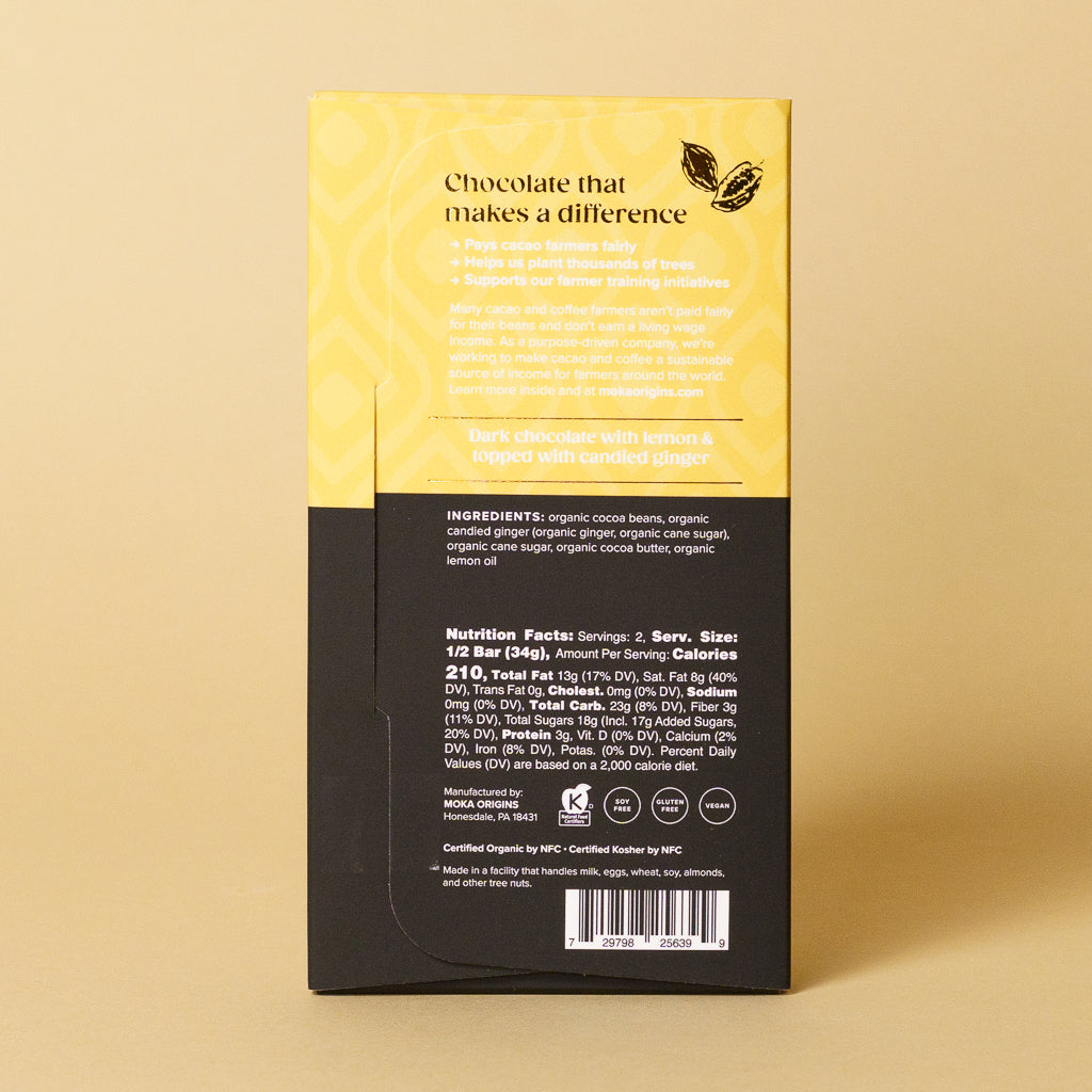 Lemon Ginger Dark Chocolate bar, back of package with ingredients and nutrition facts