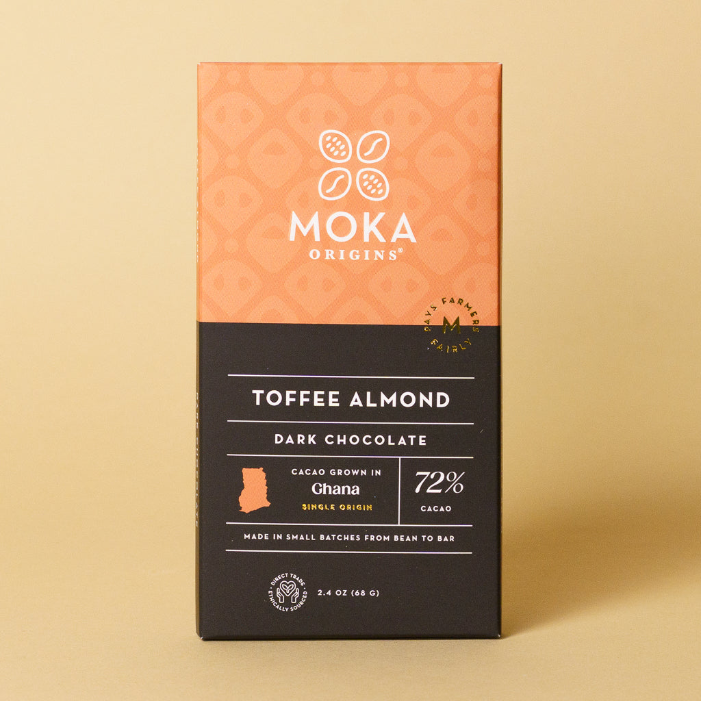 Toffee Almond Dark Chocolate bar, front of package