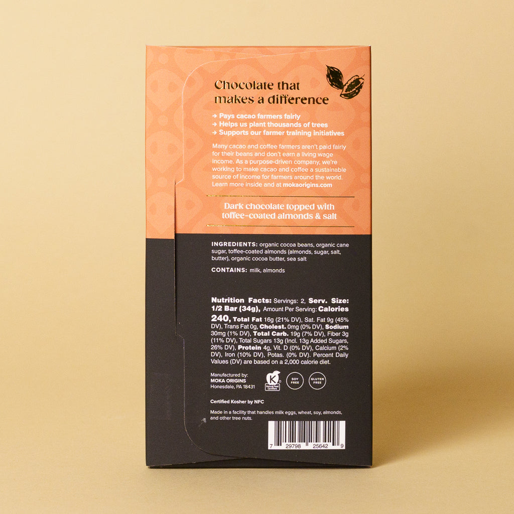 Toffee Almond Dark Chocolate bar, back of package with ingredients and nutrition facts