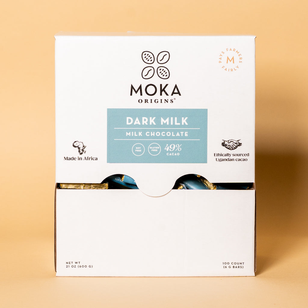 Moka Origins Dark Milk Chocolate Mini Box, 100-count display box, front