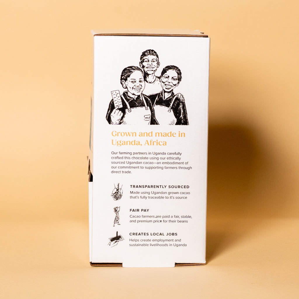 Dark Milk Chocolate Mini Box side panel, grown and made in Uganda