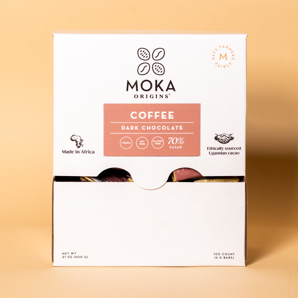 Moka Origins Coffee Dark Chocolate Mini Box, 100-count display box, front