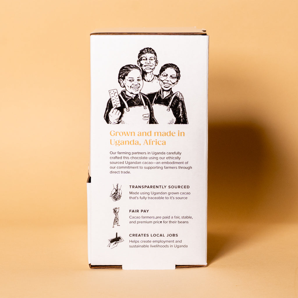Coffee Dark Chocolate Mini Box side panel, grown and made in Uganda