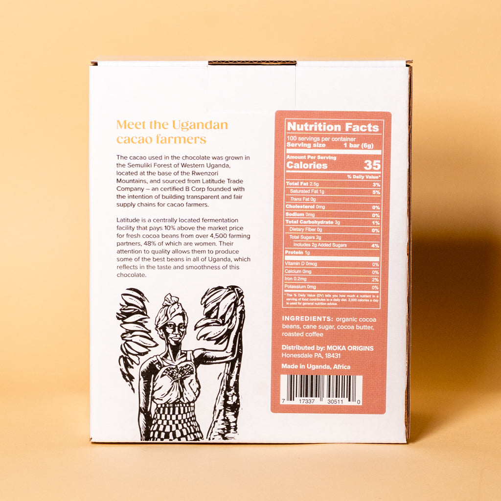 Coffee Dark Chocolate Mini Box back panel with nutrition facts and ingredients