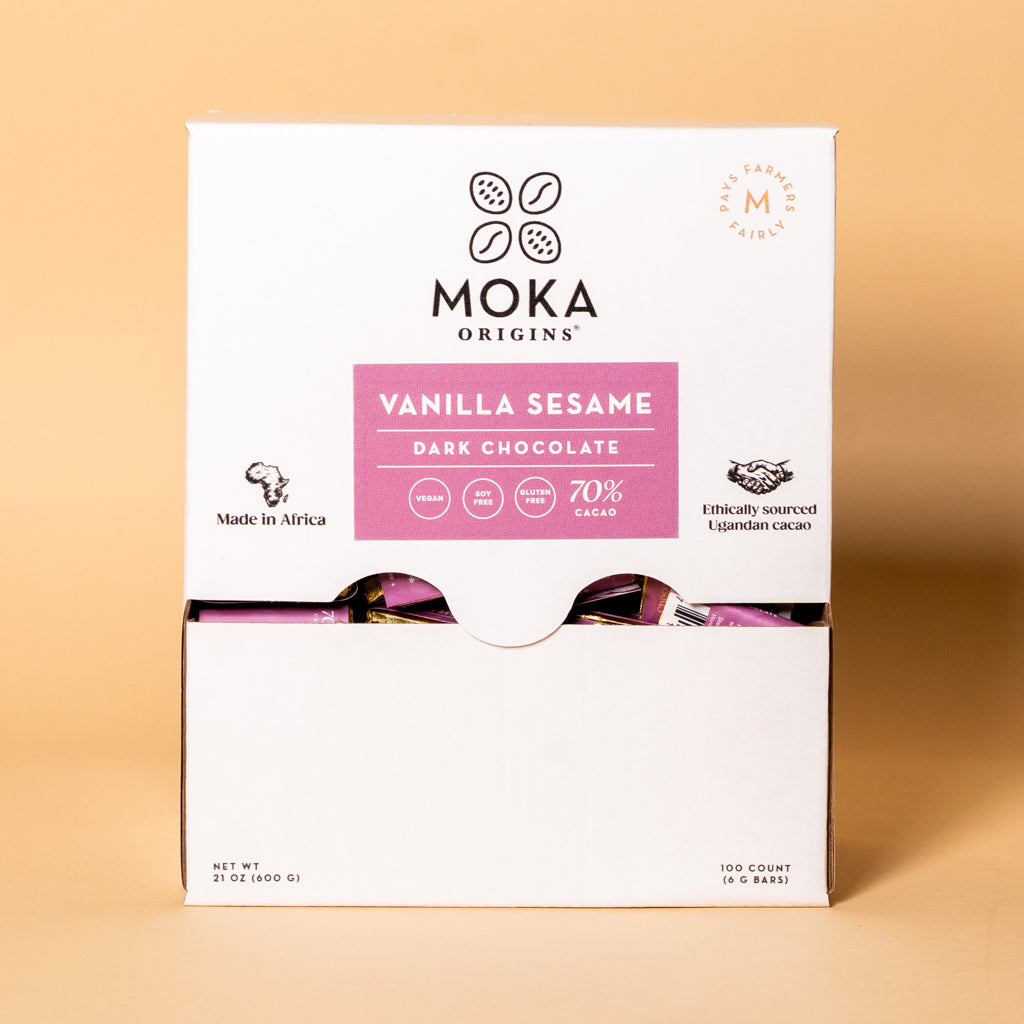 Moka Origins Vanilla Sesame Dark Chocolate Mini Box, 100-count display box, front