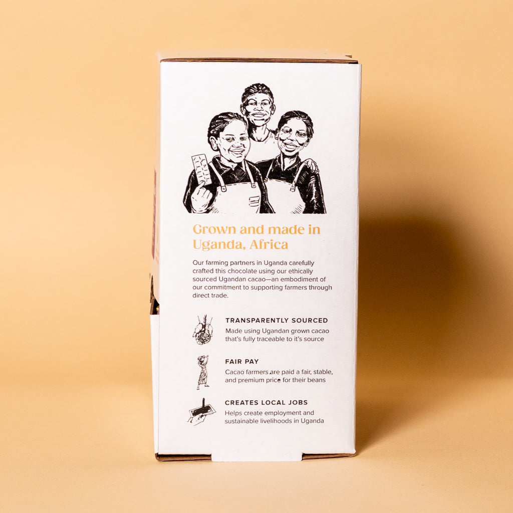 Vanilla Sesame Dark Chocolate Mini Box side panel, grown and made in Uganda