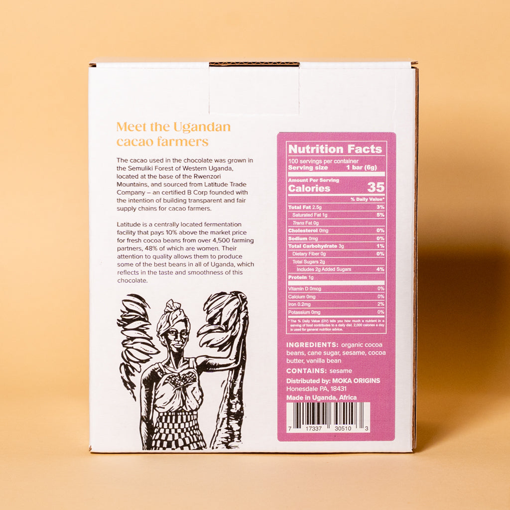 Vanilla Sesame Dark Chocolate Mini Box back panel with ingredients and nutrition facts