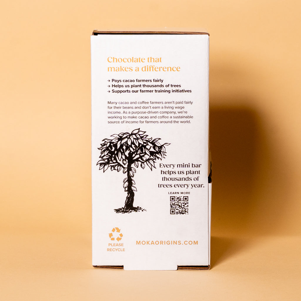 Vanilla Sesame Dark Chocolate Mini Box panel, every mini bar helps plant trees