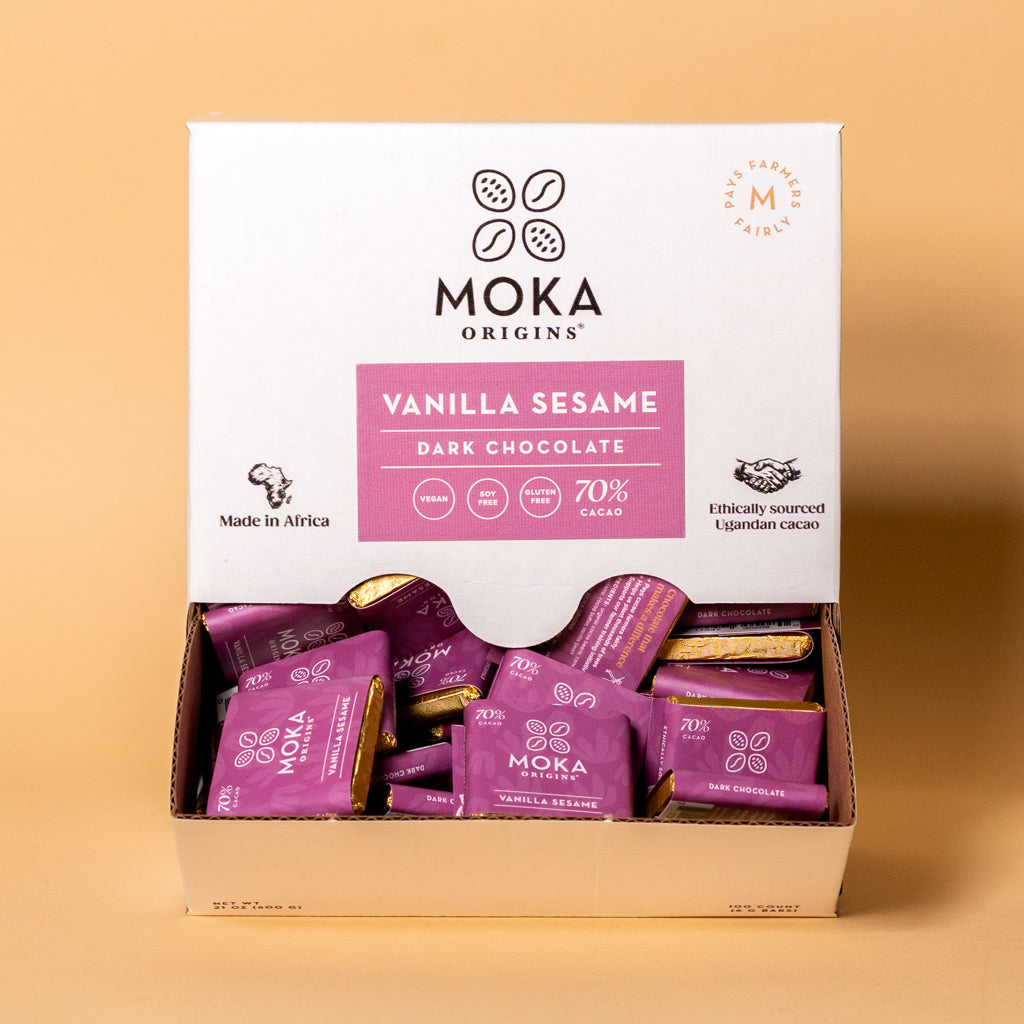 Vanilla Sesame Dark Chocolate Mini Box open display box filled with mini bars