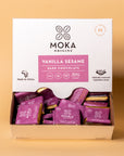 Vanilla Sesame Dark Chocolate Mini Box open display box filled with mini bars