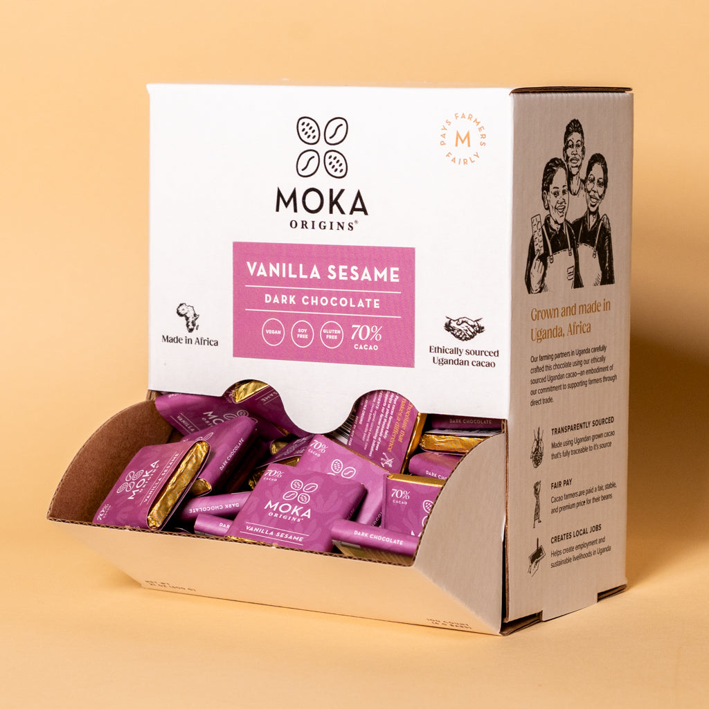 Vanilla Sesame Dark Chocolate Mini Box open display box, angled view