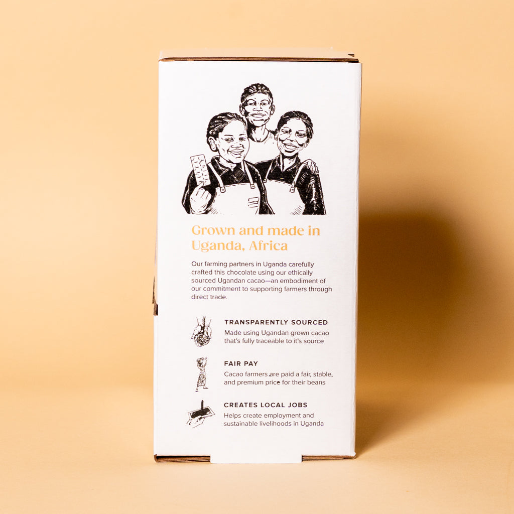 Pure Dark Chocolate Mini Box side panel, grown and made in Uganda